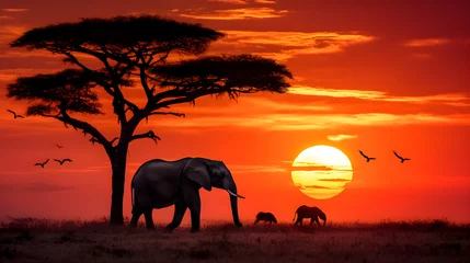 Raamstickers Ethereal Sundown: Majestic Elephants, Zebras and Birds Amidst the African Savannah Landscape © Franklin