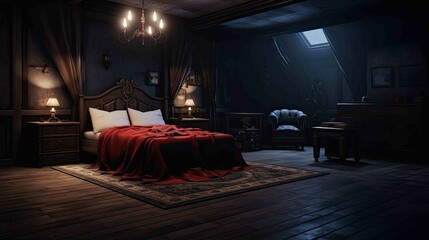 Vampire's Gothic Mansion Bedroom Environment - Interior. AI generated art illustration.	 