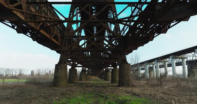 Under The Cantilevered Truss Bridge Of Harahan Bridge Between West Memphis, Arkansas, And Memphis, Tennessee, United States. Dolly Shot