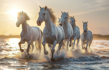 A herd of white horses galloping across the water, with sunlight shining on their hair and creating beautiful light effects - obrazy, fototapety, plakaty