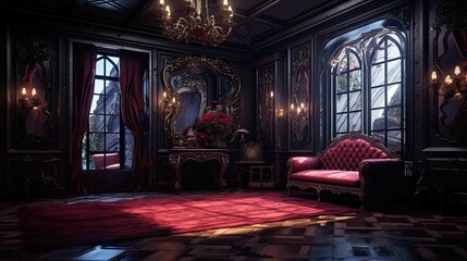 Fototapeta na wymiar Vampire's Gothic Mansion Bedroom Environment - Interior. AI generated art illustration. 