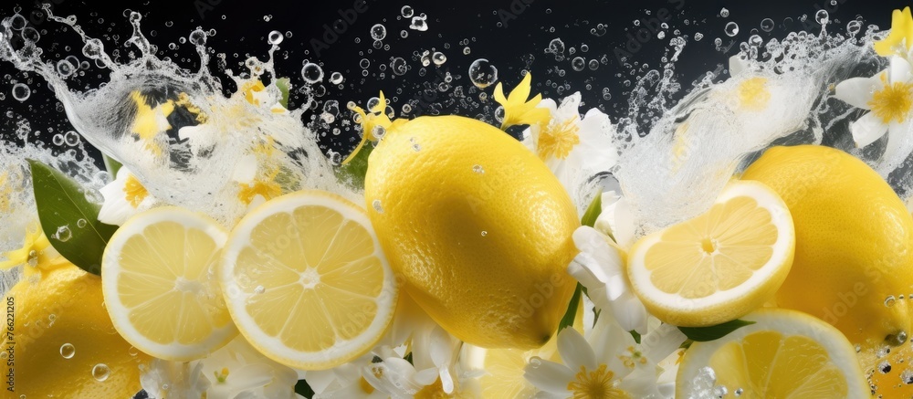 Poster lemons and lemon slices are falling into a body of water with bubbles forming around them.