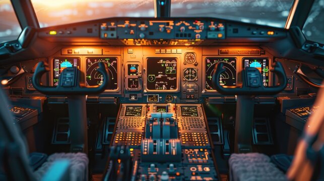 Sunset Glow in Airplane Cockpit, Warm sunset hues illuminate an airplane cockpit, showcasing detailed flight instruments and control systems