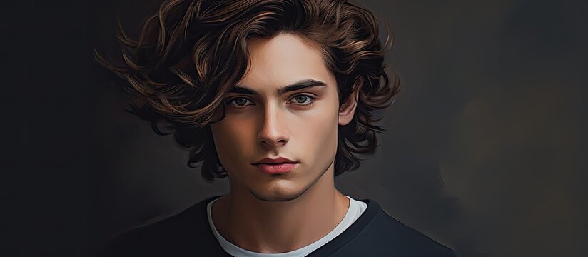 A painting depicting a man with curly hair wearing a black shirt, captured in an artistic creation
