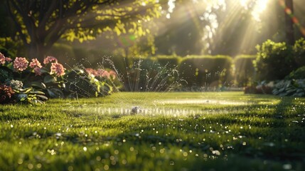 Sprinkler Watering Lush Garden, garden sprinkler system bursts to life in a sun-drenched backyard,...