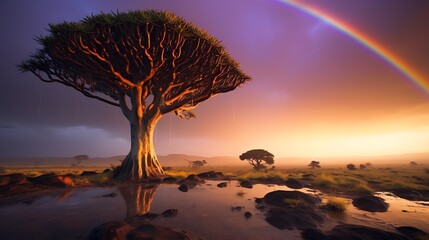 a tree with a rainbow in the background