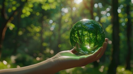 Nature's Embrace in Glass, hand holds a clear glass orb, reflecting a lush green forest, symbolizing the delicate balance and beauty of nature in our hands