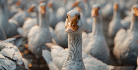 Geese Gathering Advocacy, close-up view of geese with an expressive gaze, symbolically advocating against the practice of force-feeding for foie gras production - obrazy, fototapety, plakaty