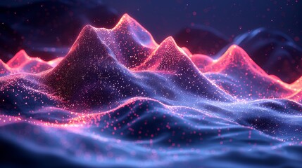 The concept of big data. Abstract digital mountains range landscape with glowing light dots. Wireframe illustration with low poly on technology blue background. - obrazy, fototapety, plakaty