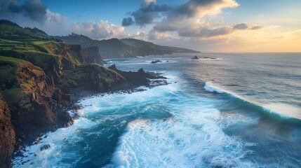 The Mosteiros coast in Sao Miguel island in the Azores archipelago, Portugal, features a wavy ocean