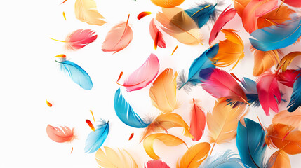 Colorful feathers floating on a white background