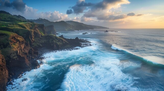 The Mosteiros coast in Sao Miguel island in the Azores archipelago, Portugal, features a wavy ocean
