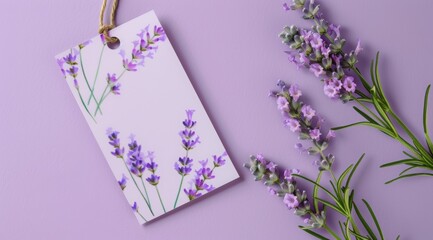 A blank tag mockup on lavender flowers, with copy space for text and a textured rustic background. Lavender flowers with empty gift tag on purple background, flat lay banner for commercial advertising