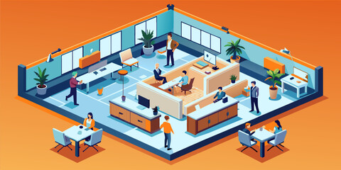 The Modern Professional's Toolkit: A Fully Equipped Office Workspace with Diverse Workers Vector.