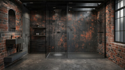Fototapeta na wymiar An industrial-chic bathroom with exposed brick walls, concrete flooring, and a walk-in shower with black subway tile walls and a rain showerhead