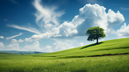 a lone tree in a green field with clouds