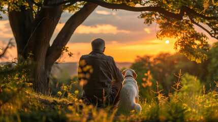 Elderly Individual and Dog at Sunset in Nature
 - obrazy, fototapety, plakaty