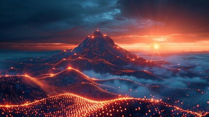 Future technology blue background with a digital target on the summit of a mountain. Abstract success concept. Venture to the top. Futuristic high poly wireframe modern illustration. - obrazy, fototapety, plakaty