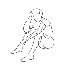 Modern abstract sad man sitting down minimalistic artwork. Continuous linear drawing style sad boy outline vector illustration.