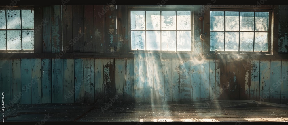 Poster the suns rays are filtering through the windows of a rustic wooden building, casting tints and shade