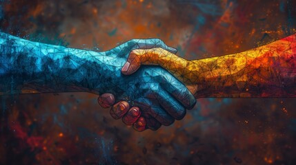 An innovative handshake concept consisting of colorful polygons and moderns - obrazy, fototapety, plakaty
