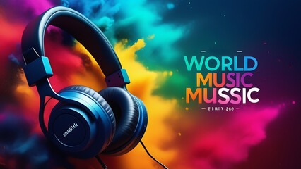 World music day banner with headset headphones on abstract colorful dust background.