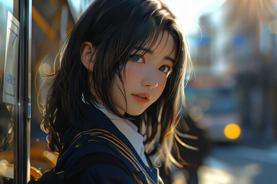 A detailed image of a beautiful girl in a school uniform, her eyes reflecting the warm light as she waits for a city bus.