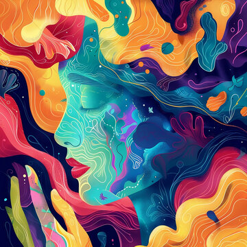 women  surrounded by abstract colorful background with waves & lines