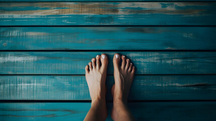 human feet on a blue wooden floor with space for text