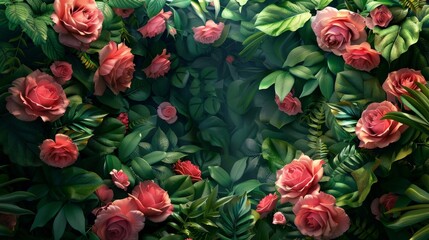 A captivating floral frame composition composed of vibrant roses and lush foliage,  enveloping a spacious area perfect for incorporating personalized content