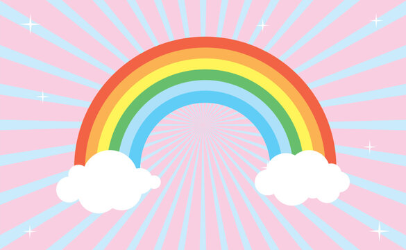 vector image of a rainbow above the clouds with a light pink background