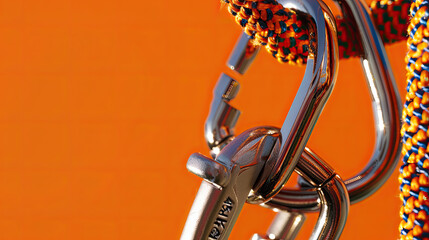 A carabiner with climbing rope, shown in a closeup shot against an orange background The image is captured in full detail and is composed entirely - obrazy, fototapety, plakaty