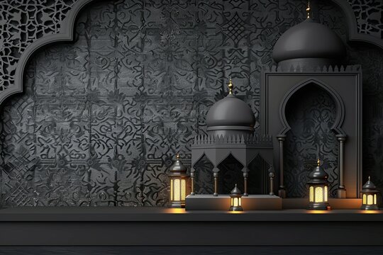 charcoal turkish ornament wallpaper desktop with white realistic mosque and small islamic lantern floating on top 