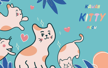 Kawaii Cats vector illustration  Smiling Kitty, cute and round-faced cat