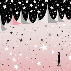 Aesthetic black and white star wallpaper, hard lines, flat style, children book illustration, hint of pink color