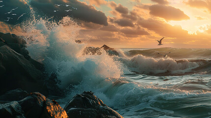 Ocean waves crashing on rocky shore - obrazy, fototapety, plakaty