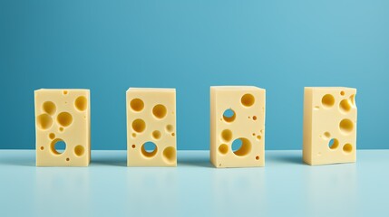a group of cheese blocks with holes