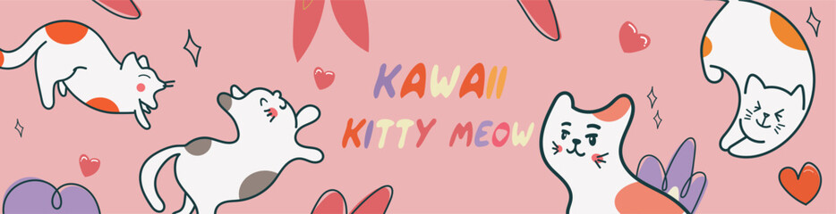Kawaii Cats vector illustration  Smiling Kitty, cute and round-faced cat