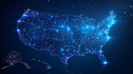Modern wireframe concept of a starry sky with points, lines, and shapes representing planets, stars, and the universe. Abstract USA map concept.