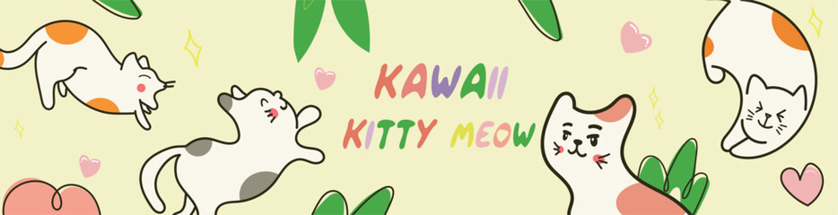 Kawaii Cats vector illustration  Smiling Kitty, cute and round-faced cat