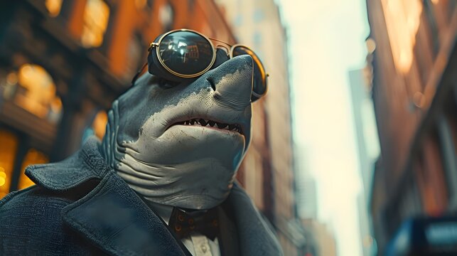 Humanoid shark dressed in a businessman's suit on the street of a business area. Conceptual image of the tough business world