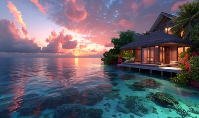 Panoramic views of a luxurious resort in the Maldives and pristine white sandy beaches along a lagoon that reflects the sky
