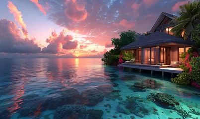 Afwasbaar Fotobehang Bora Bora, Frans Polynesië Panoramic views of a luxurious resort in the Maldives and pristine white sandy beaches along a lagoon that reflects the sky