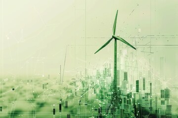 Several windmills lined up in a row. Clean energy concept. Technology green color palette