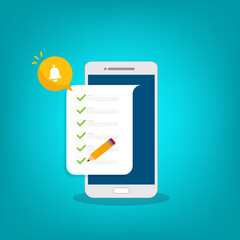 Checklist. Check list document on smartphone, smartphone with paper check list and to do list with checkboxes, concept of survey, online quiz, completed things or done test, feedback.	