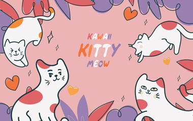 Kawaii Cats vector illustration  Smiling Kitty, cute and round-faced cat