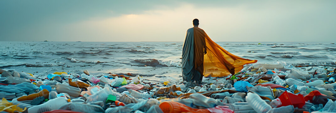  Vast open ocean waves beneath a carpet of colored plastic garbage, Middle-aged man in colorful large plastic shawl walking on endless ocean. 