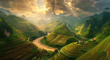Papier Peint photo Rizières A panoramic view of terraced rice fields in Vietnam, with the winding river flowing through them and lush greenery on mountainsides