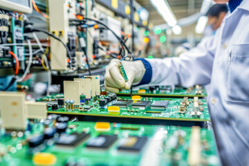A man focused on assembling a circuit board with precision in a factory setting.