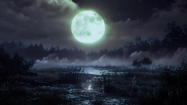 Full moon mystery landscape dark with foggy forest. Full moon over the spruce trees of magic mystery night forest. Halloween design. 4k video mysterious